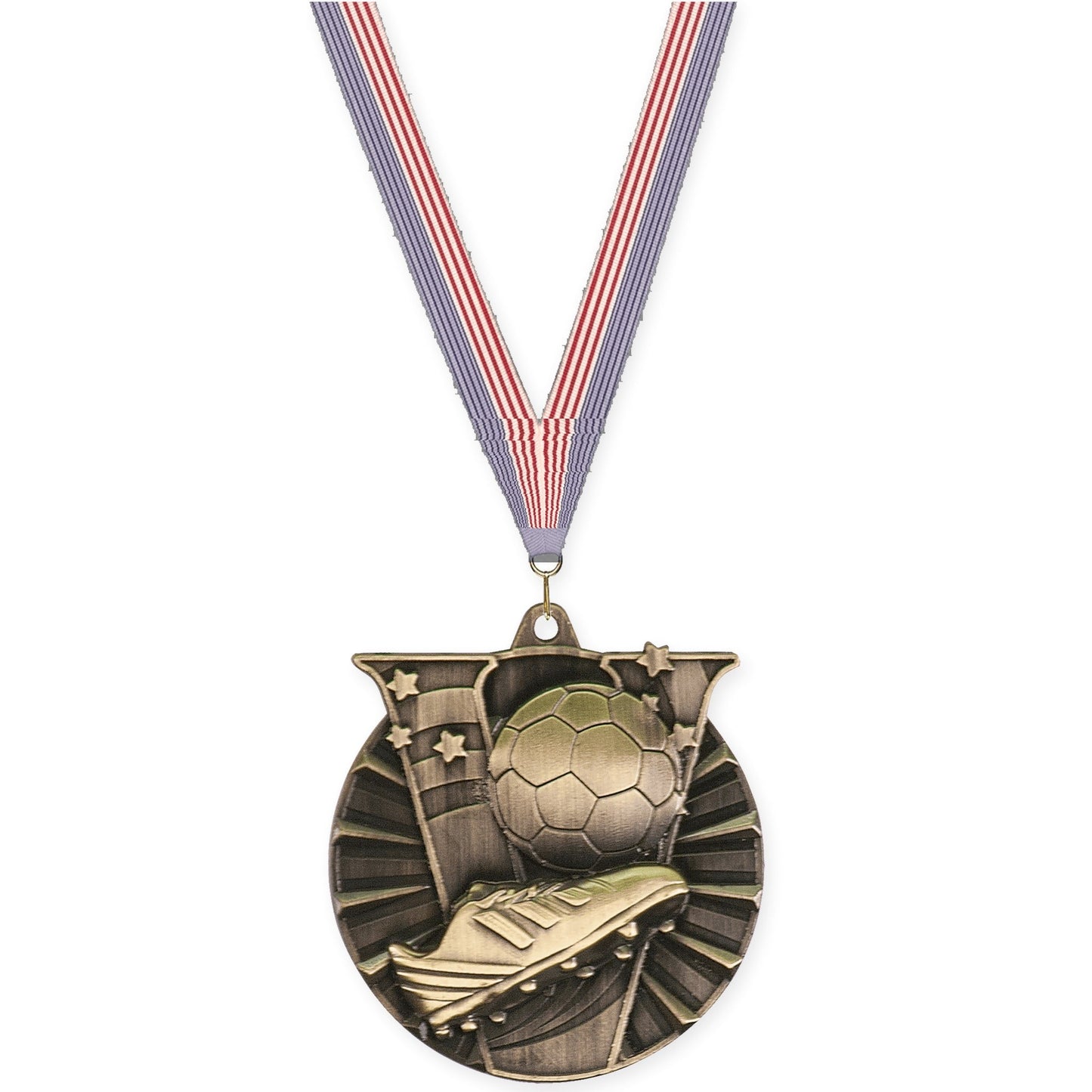 2 inch soccer Victory medal in antique gold with USA Flag neck ribbon
