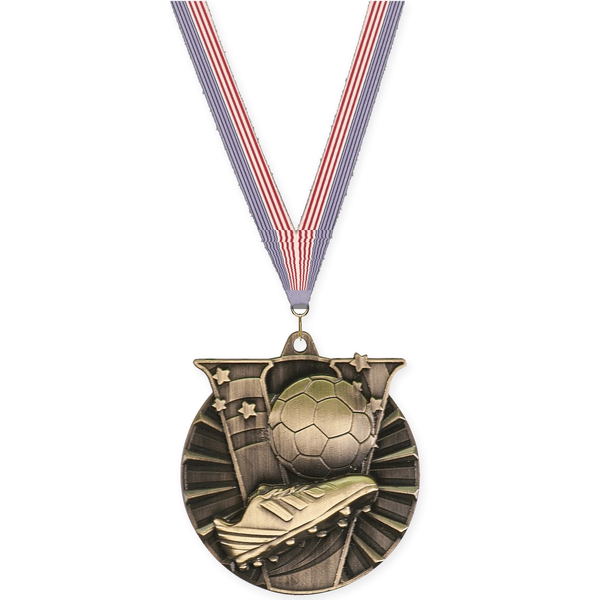2 inch soccer Victory medal in antique gold with USA Flag neck ribbon