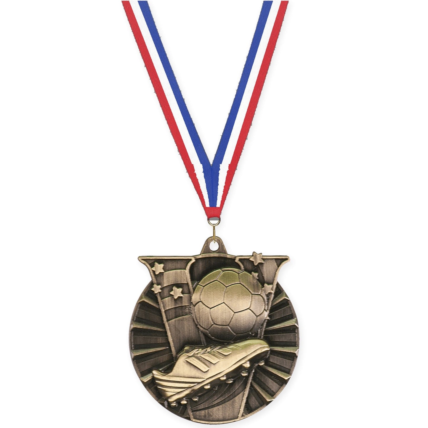 2 inch soccer Victory medal in antique gold with Red White Blue neck ribbon