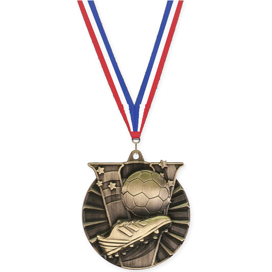 2 inch soccer Victory medal in antique gold with Red White Blue neck ribbon
