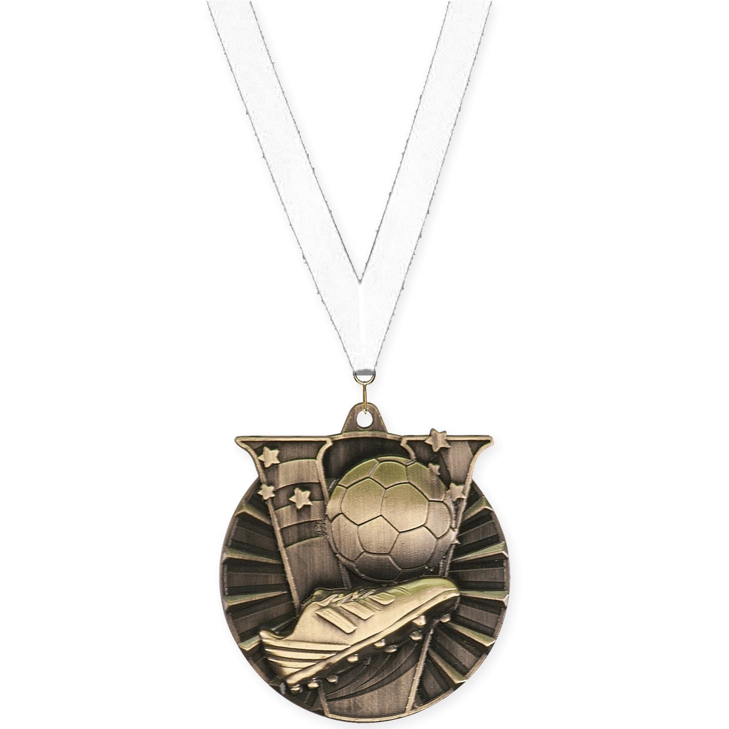 2 inch soccer Victory medal in antique gold with White neck ribbon