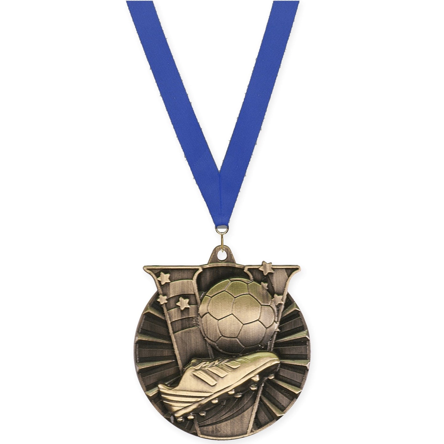 2 inch soccer Victory medal in antique gold with Blue neck ribbon