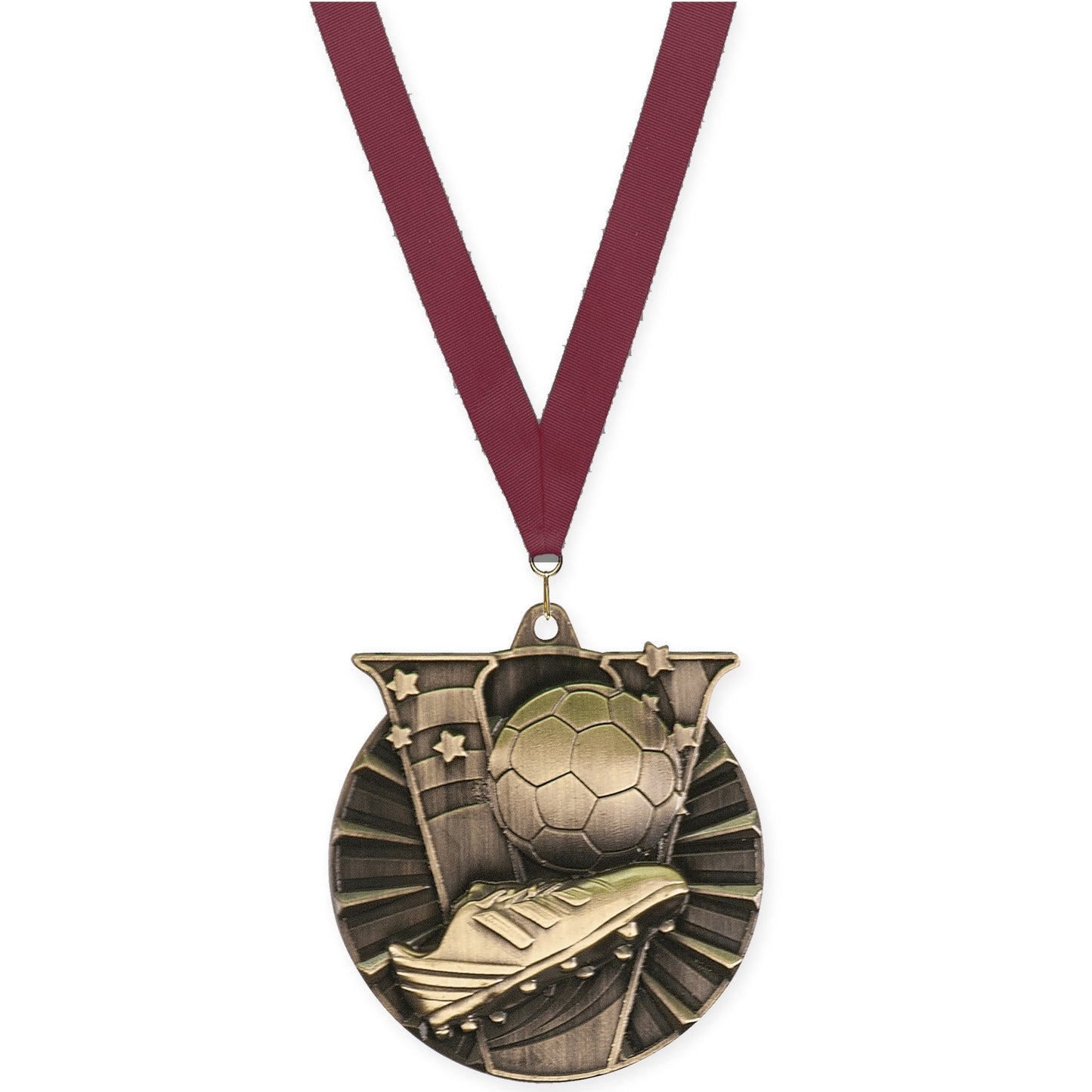 2 inch soccer Victory medal in antique gold with Maroon neck ribbon