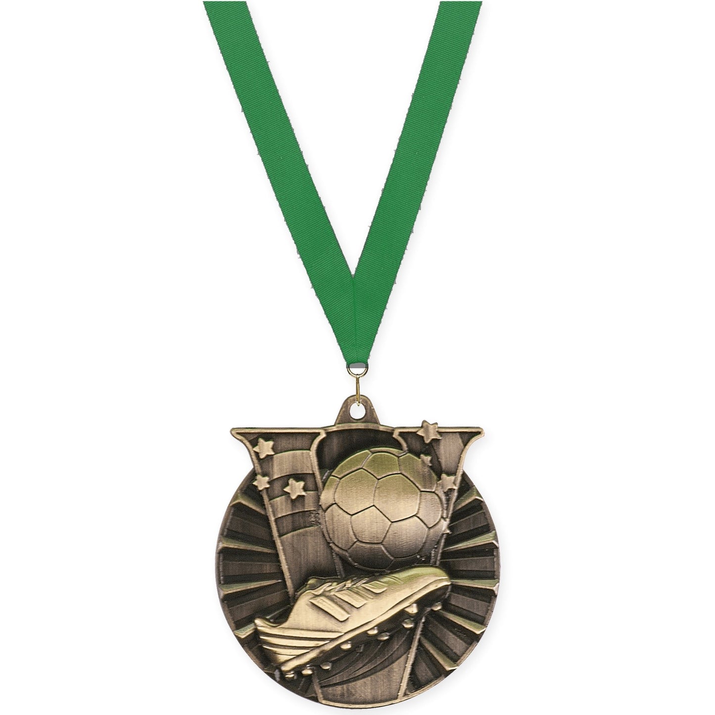 2 inch soccer Victory medal in antique gold with Green neck ribbon