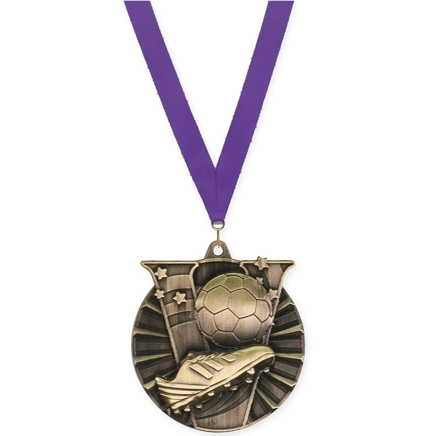 2 inch soccer Victory medal in antique gold with Purple neck ribbon