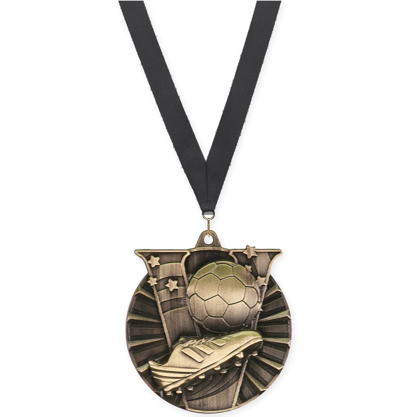 2 inch soccer Victory medal in antique gold with Black neck ribbon