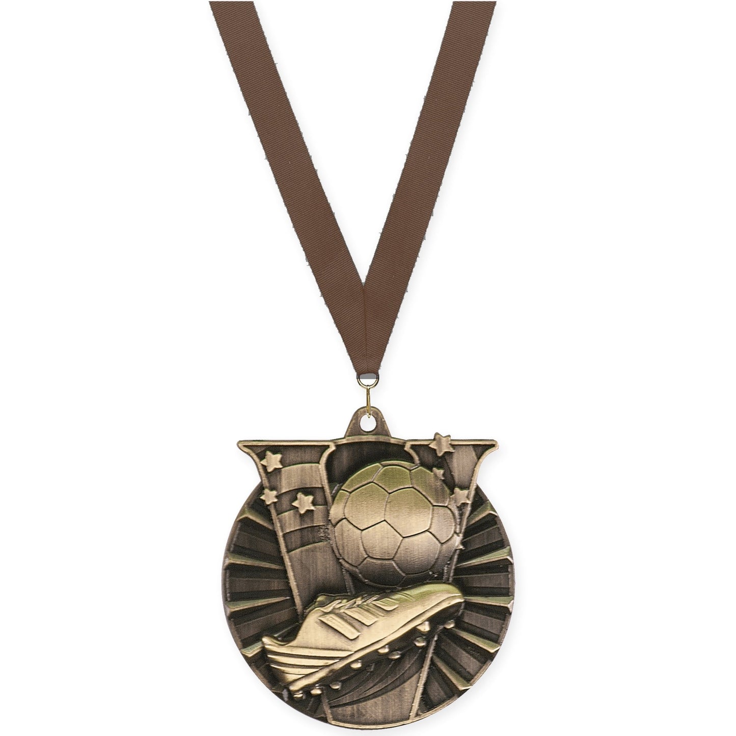 2 inch soccer Victory medal in antique gold with Brown neck ribbon