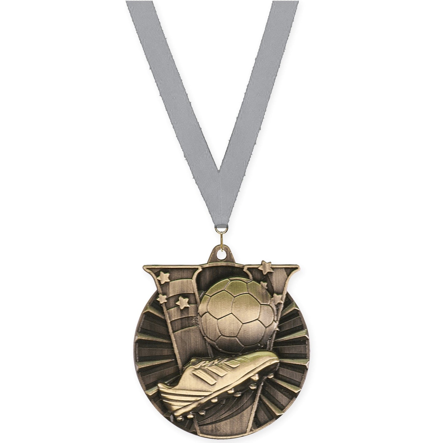 2 inch soccer Victory medal in antique gold with Gray neck ribbon