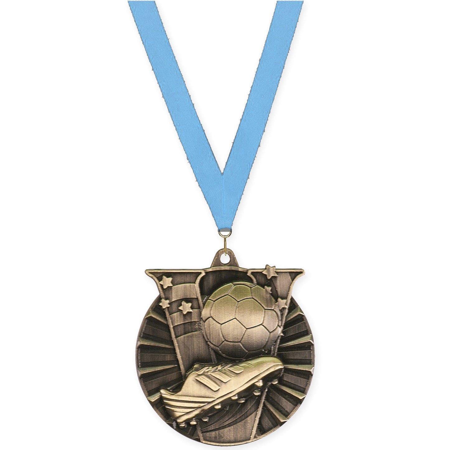 2 inch soccer Victory medal in antique gold with Light Blue neck ribbon
