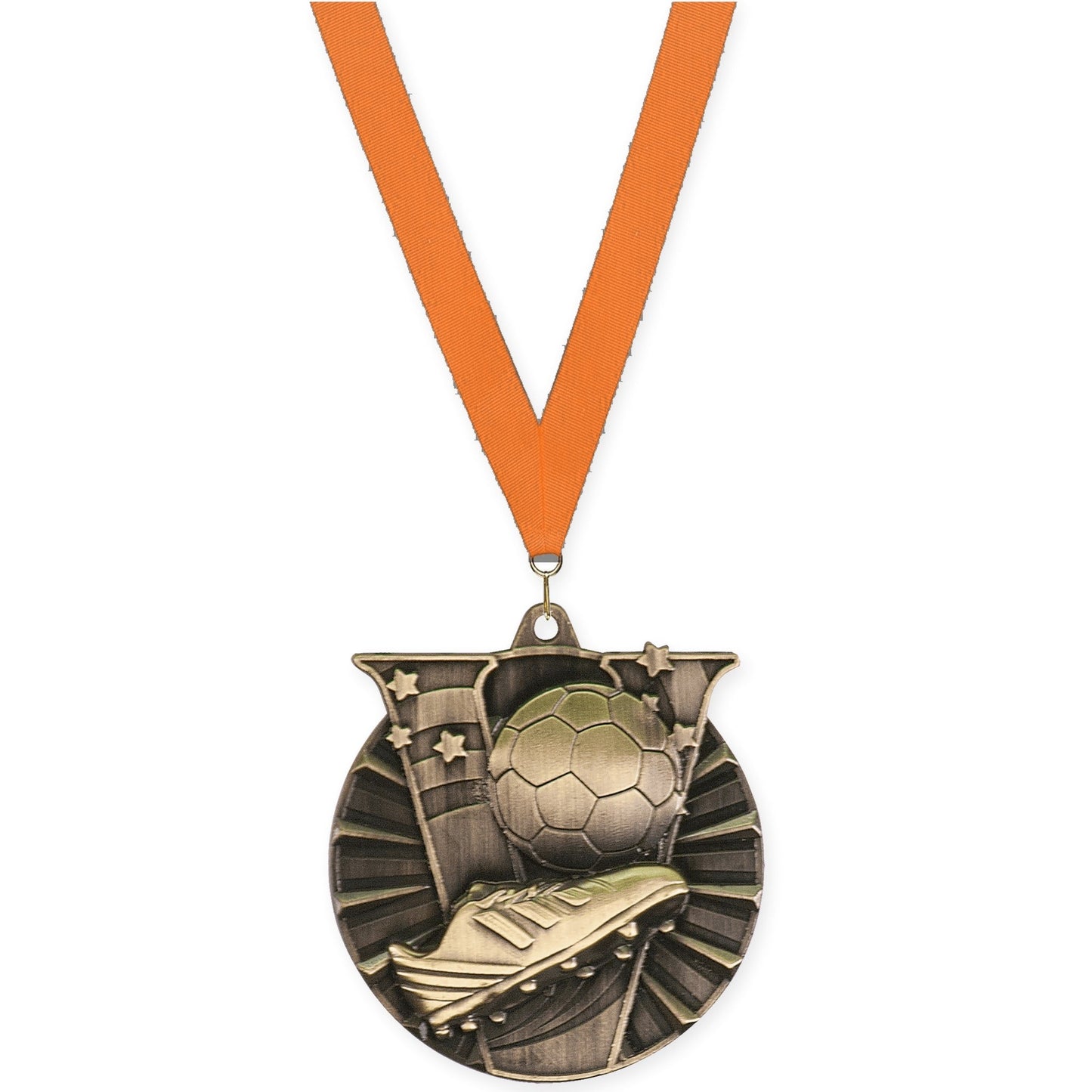 2 inch soccer Victory medal in antique gold with Orange neck ribbon