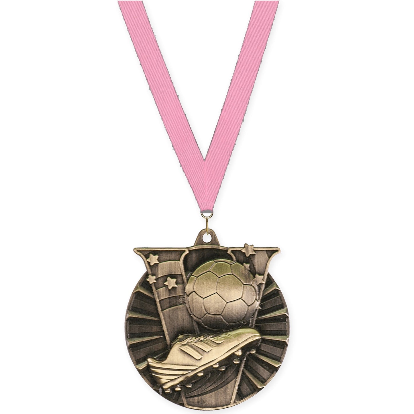 2 inch soccer Victory medal in antique gold with Pink neck ribbon