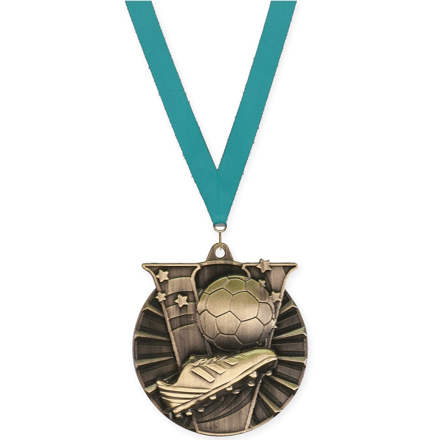 2 inch soccer Victory medal in antique gold with Teal neck ribbon