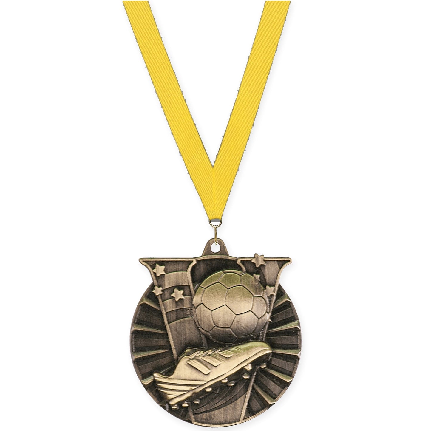 2 inch soccer Victory medal in antique gold with Yellow neck ribbon