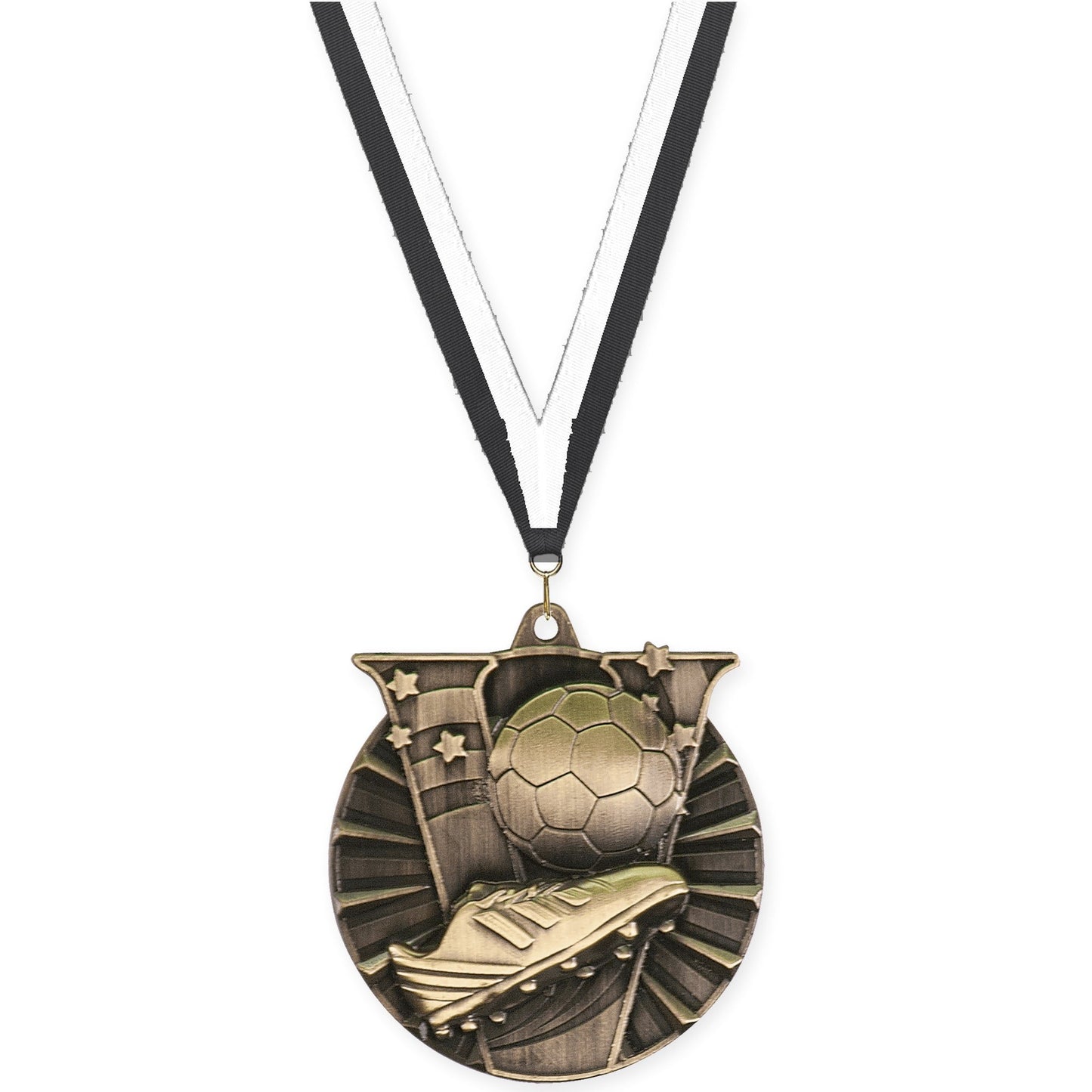 2 inch soccer Victory medal in antique gold with Black White neck ribbon