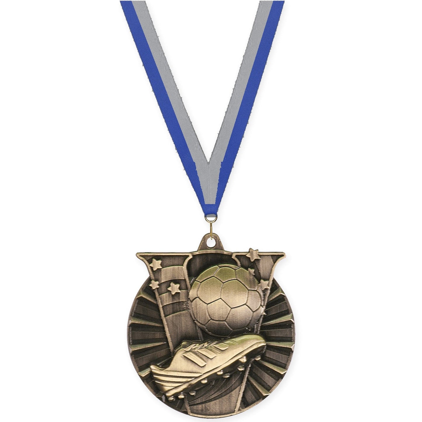 2 inch soccer Victory medal in antique gold with Blue Gray neck ribbon