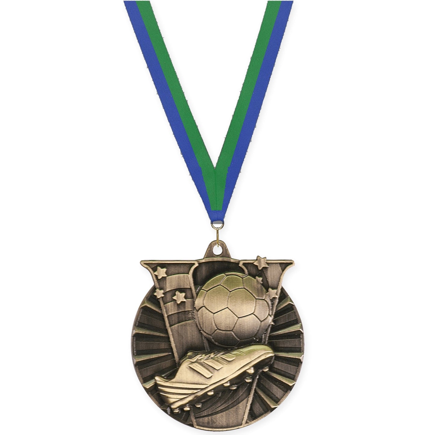 2 inch soccer Victory medal in antique gold with Blue Green neck ribbon