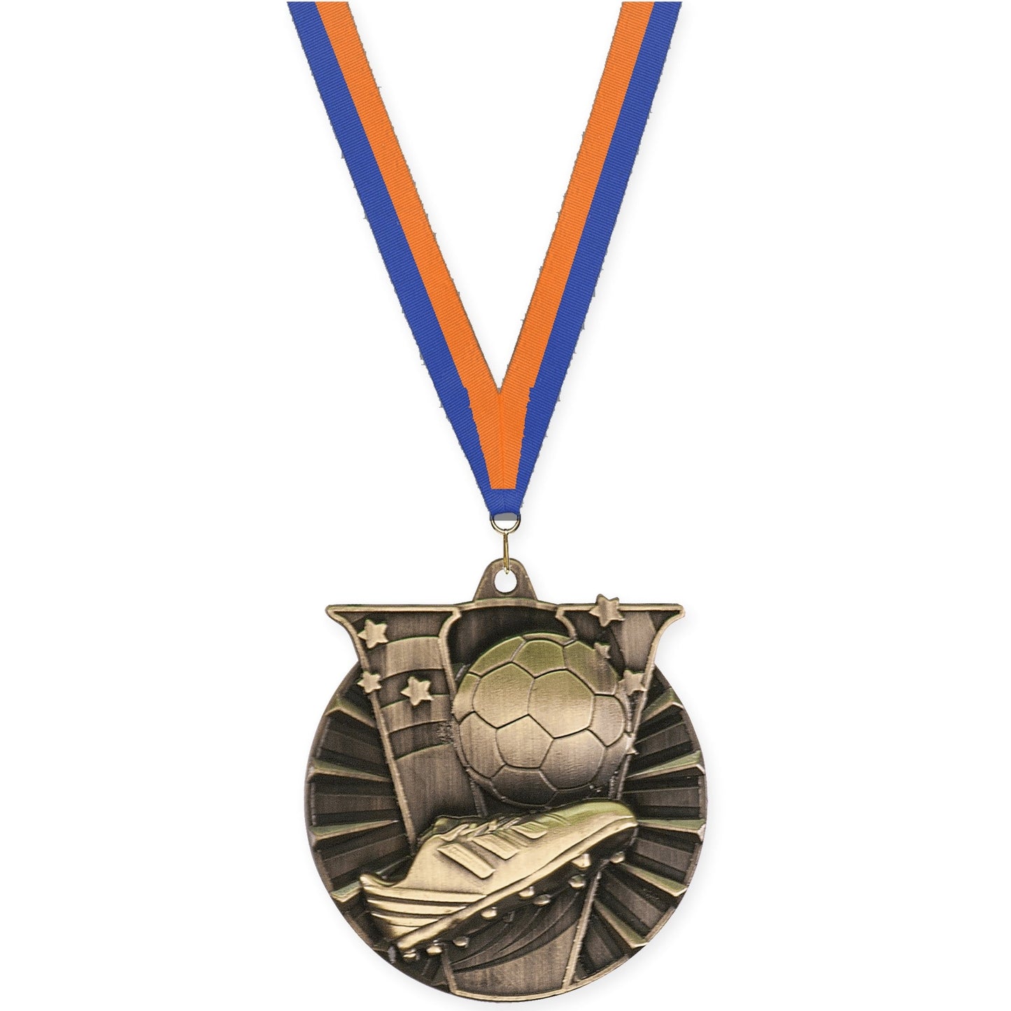 2 inch soccer Victory medal in antique gold with Blue Orange neck ribbon