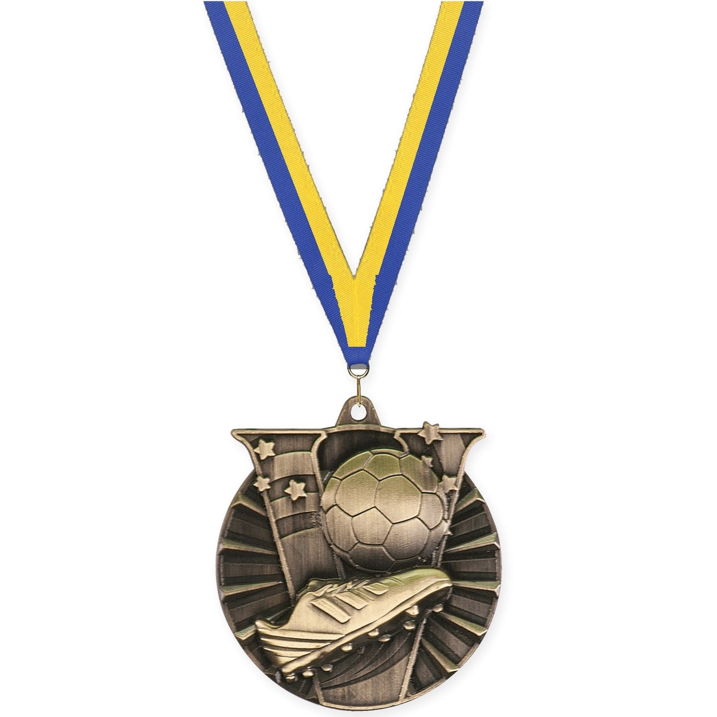 2 inch soccer Victory medal in antique gold with Blue Yellow neck ribbon