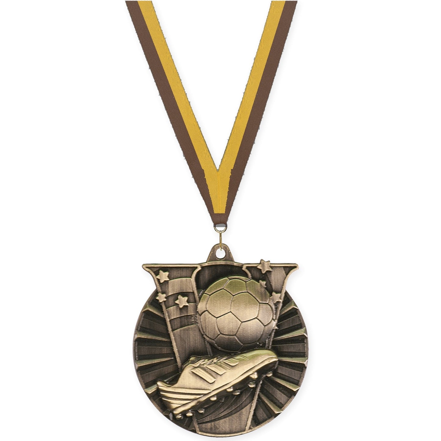 2 inch soccer Victory medal in antique gold with Brown Gold neck ribbon