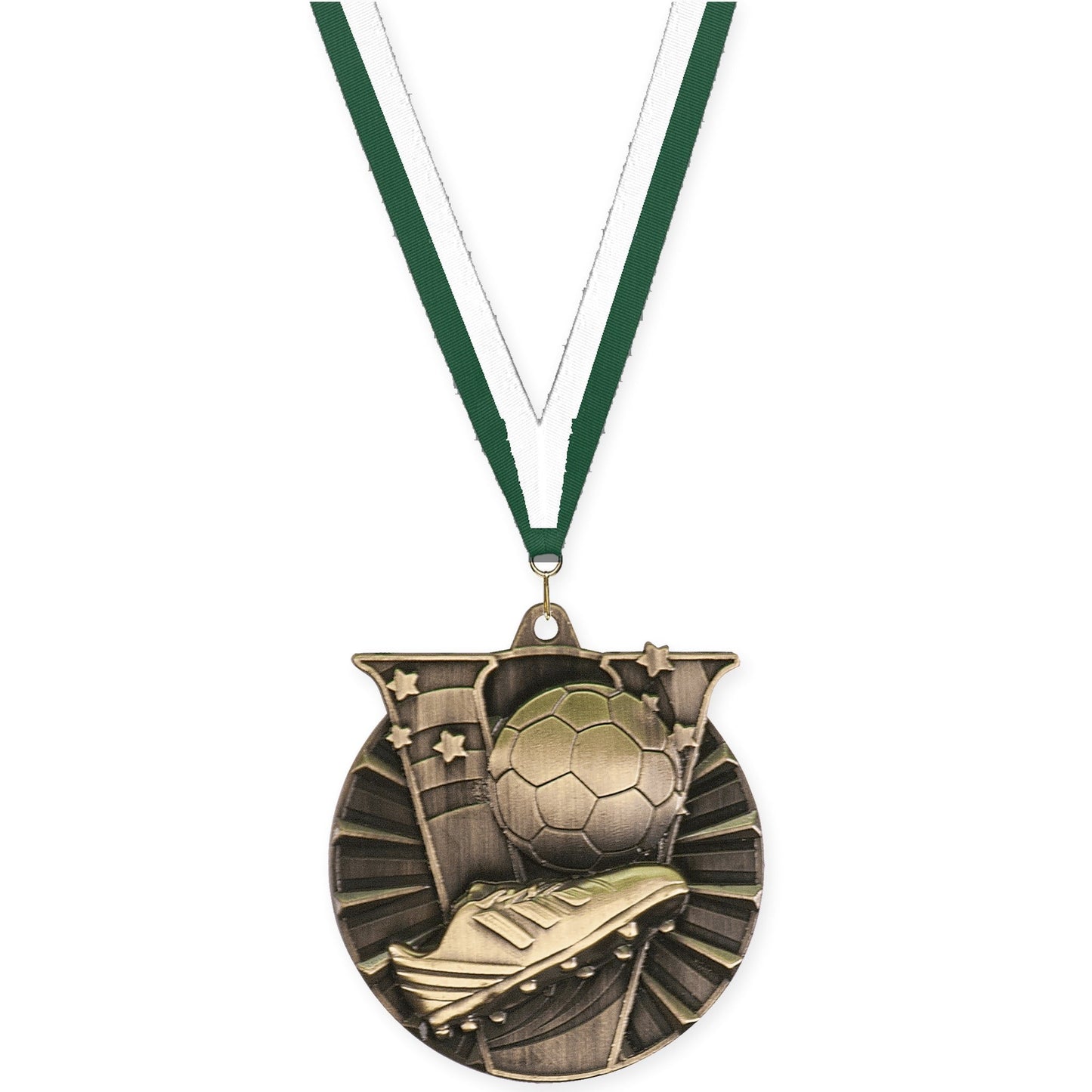 2 inch soccer Victory medal in antique gold with Hunter Green White neck ribbon