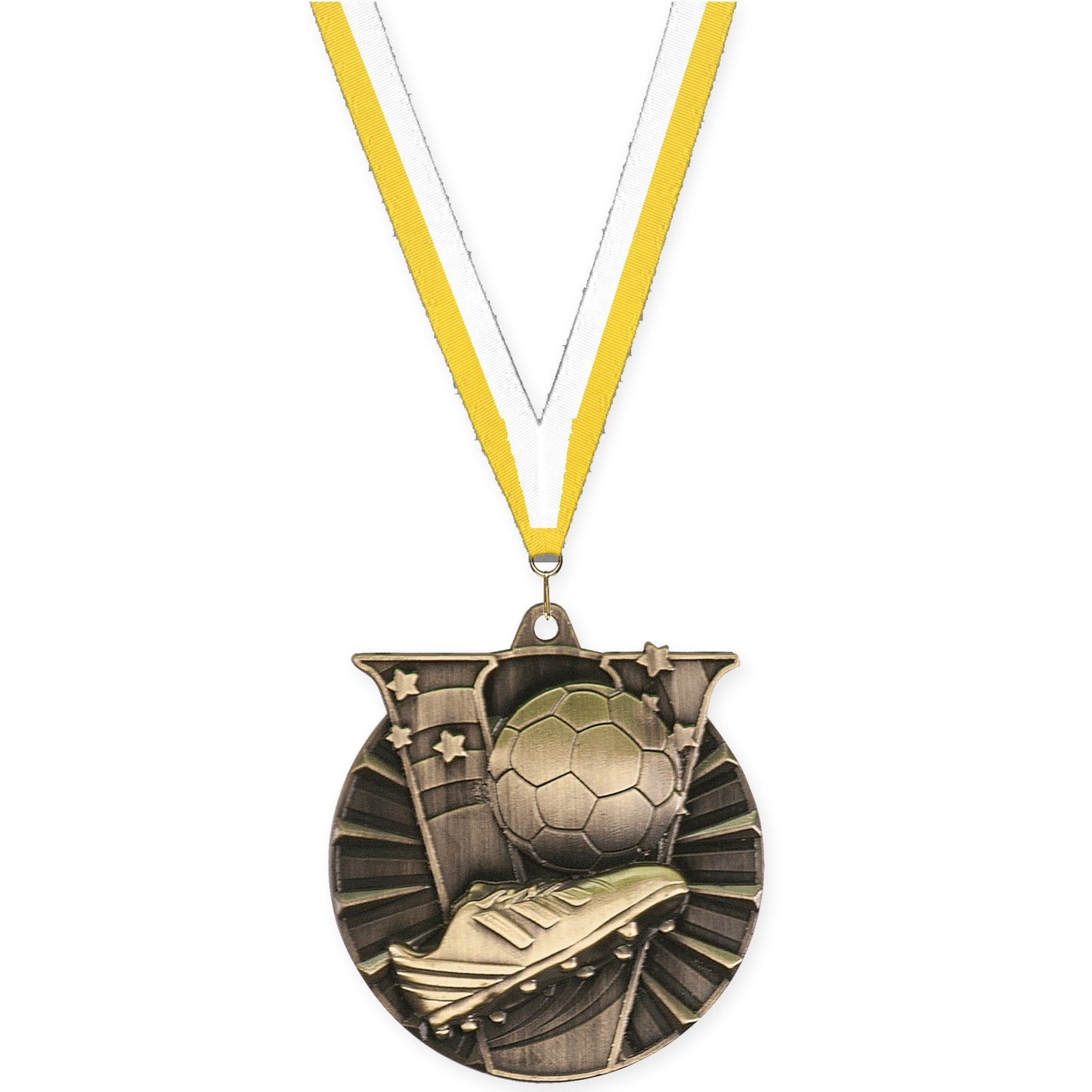 2 inch soccer Victory medal in antique gold with Yellow White neck ribbon