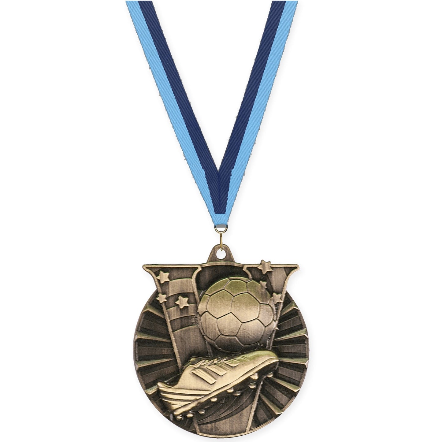 2 inch soccer Victory medal in antique gold with Light Blue Navy neck ribbon