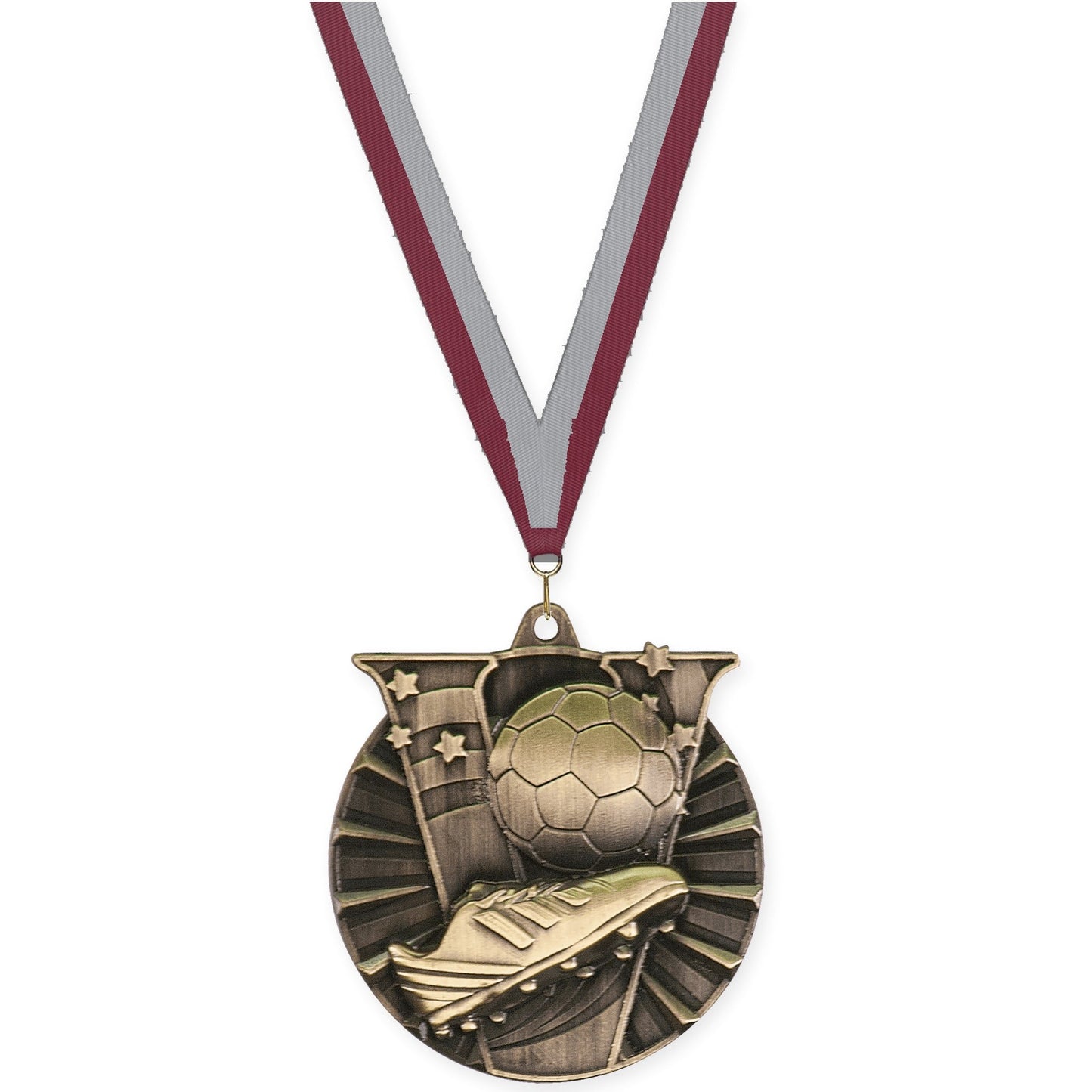 2 inch soccer Victory medal in antique gold with Maroon Gray neck ribbon