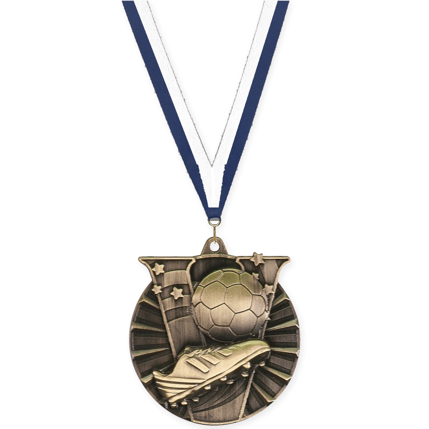 2 inch soccer Victory medal in antique gold with Navy White neck ribbon