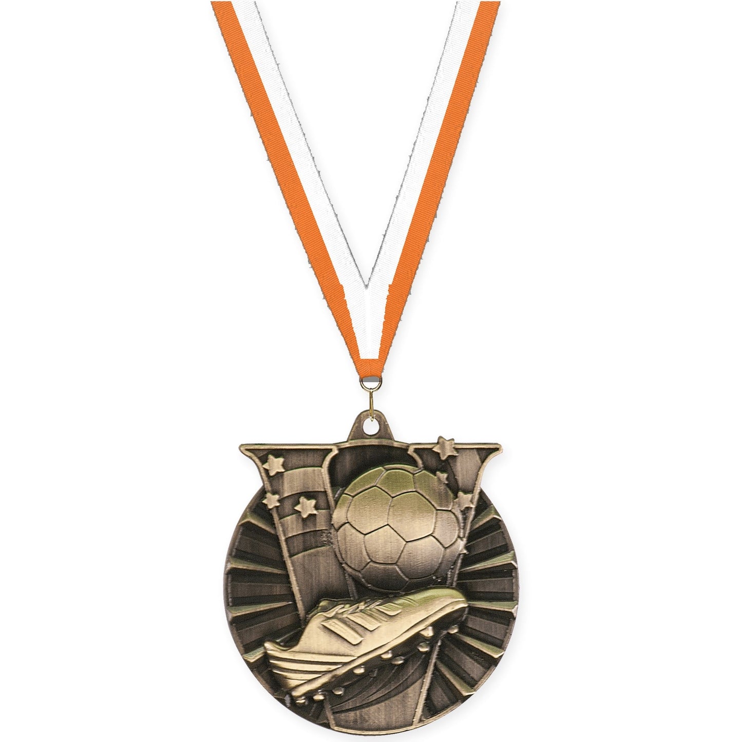 2 inch soccer Victory medal in antique gold with Orange White neck ribbon