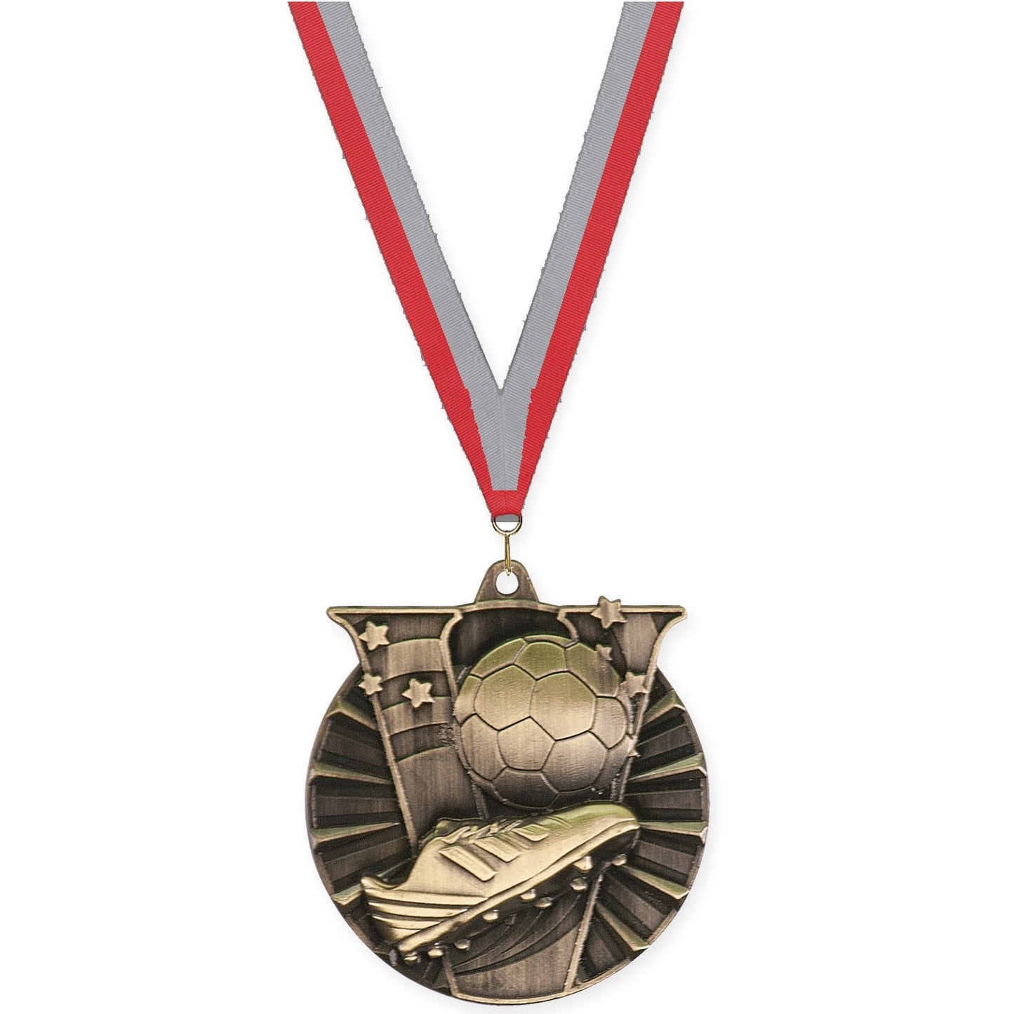 2 inch soccer Victory medal in antique gold with Red Gray neck ribbon