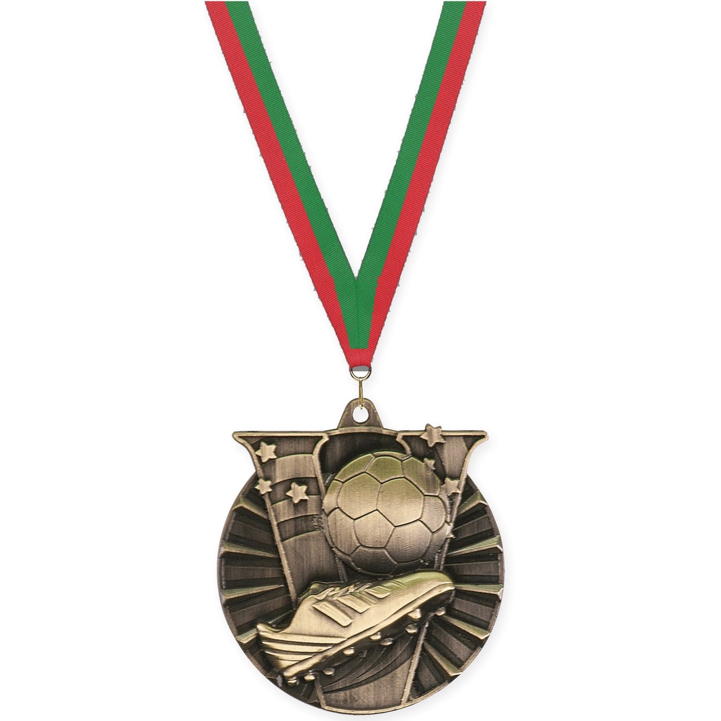 2 inch soccer Victory medal in antique gold with Red Green neck ribbon