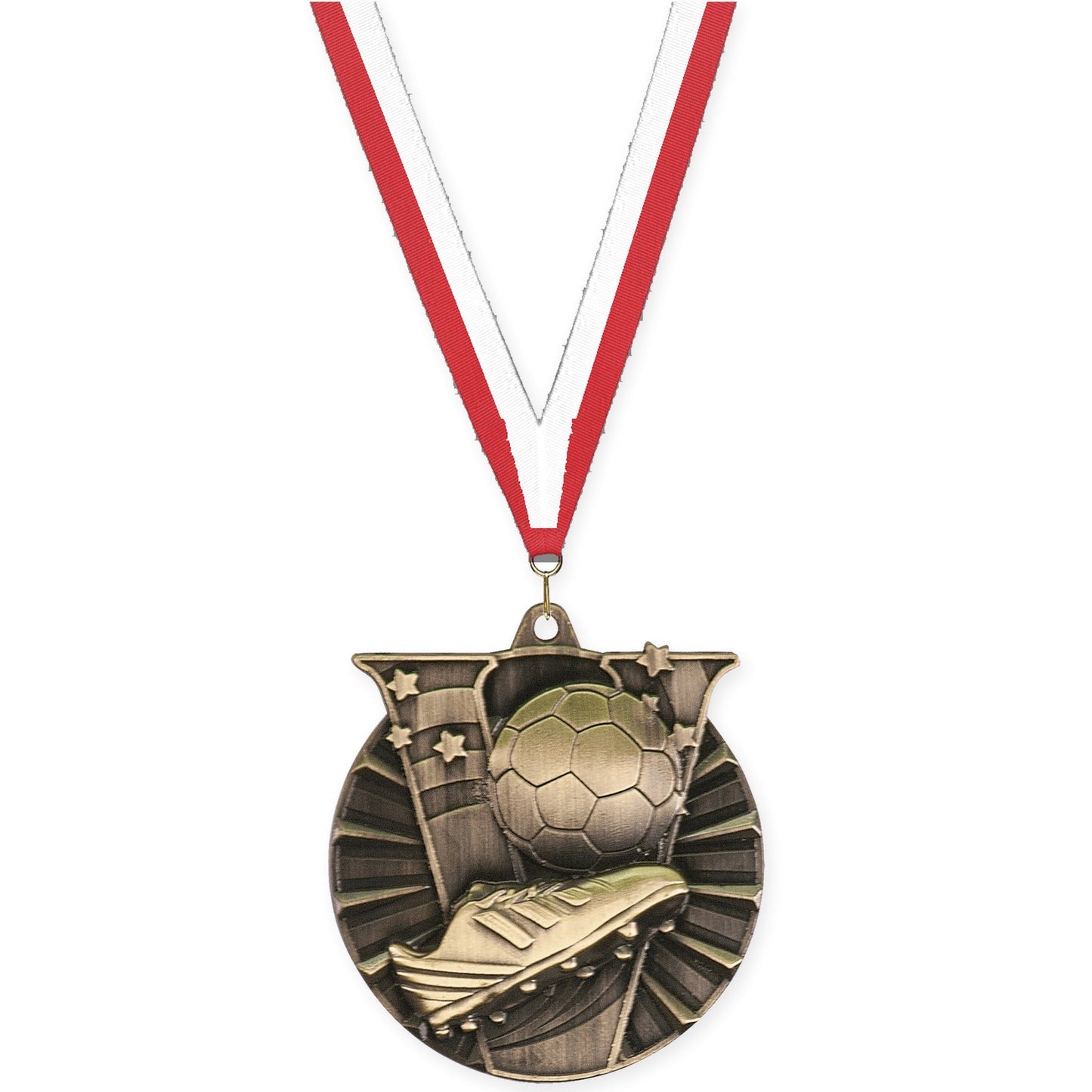 2 inch soccer Victory medal in antique gold with Red White neck ribbon