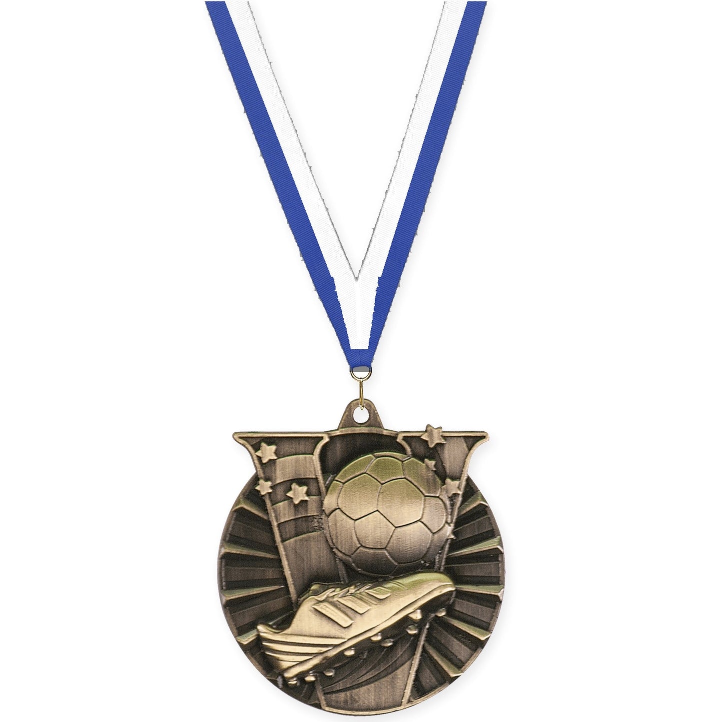 2 inch soccer Victory medal in antique gold with Blue White neck ribbon