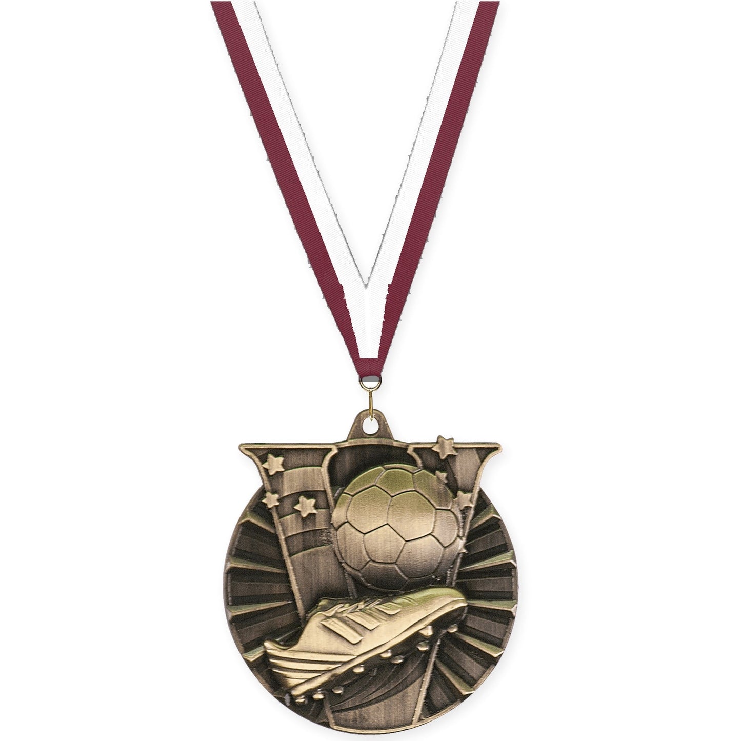 2 inch soccer Victory medal in antique gold with Maroon White neck ribbon