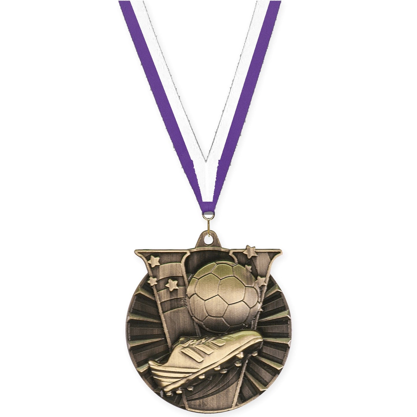 2 inch soccer Victory medal in antique gold with Purple White neck ribbon