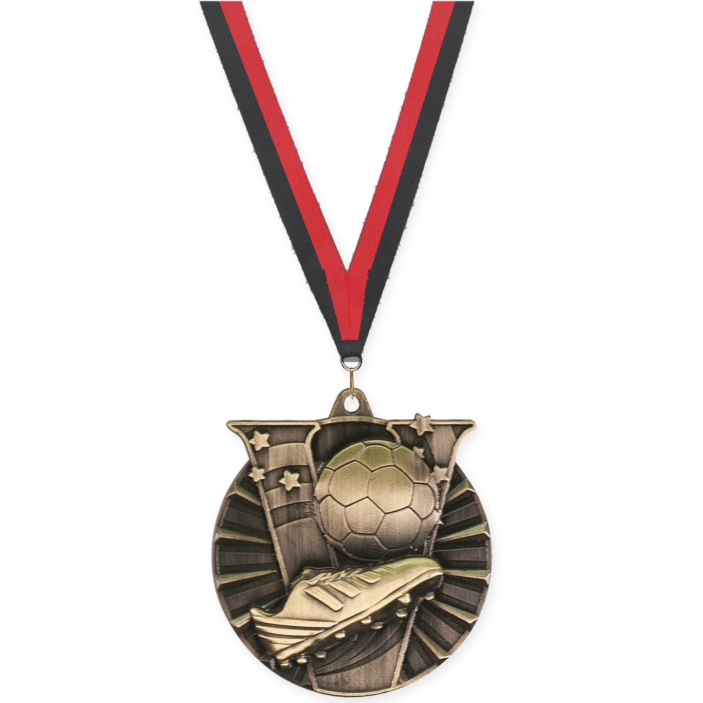 2 inch soccer Victory medal in antique gold with Black Red neck ribbon