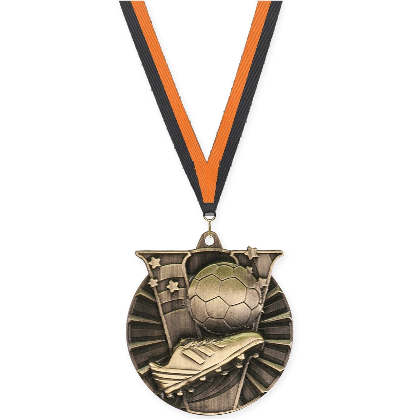 2 inch soccer Victory medal in antique gold with Black Orange neck ribbon