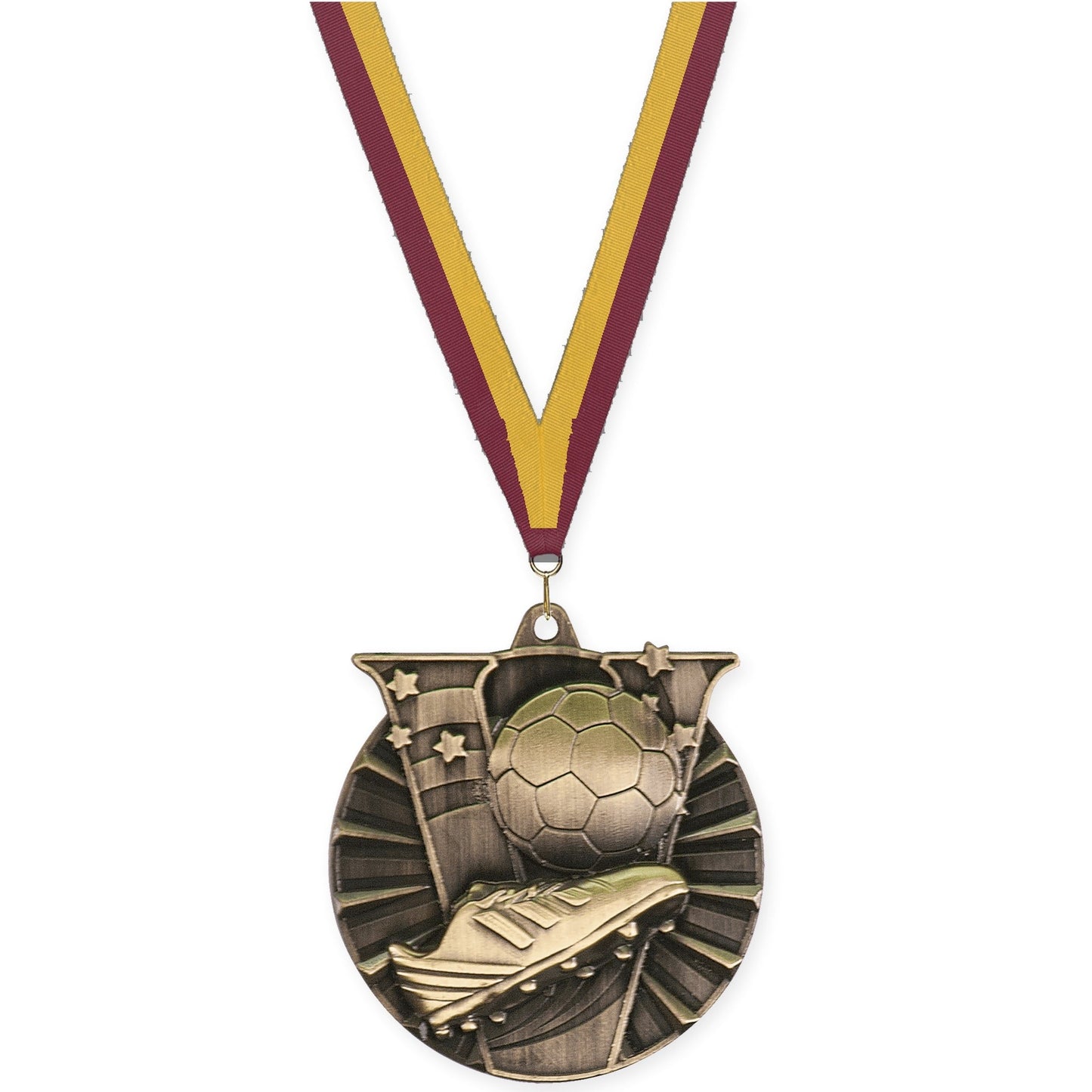 2 inch soccer Victory medal in antique gold with Maroon Gold neck ribbon