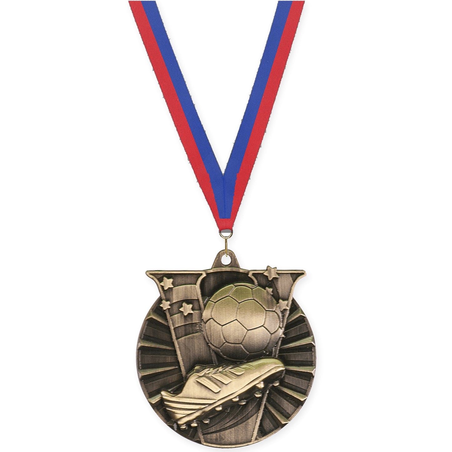 2 inch soccer Victory medal in antique gold with Blue Red neck ribbon