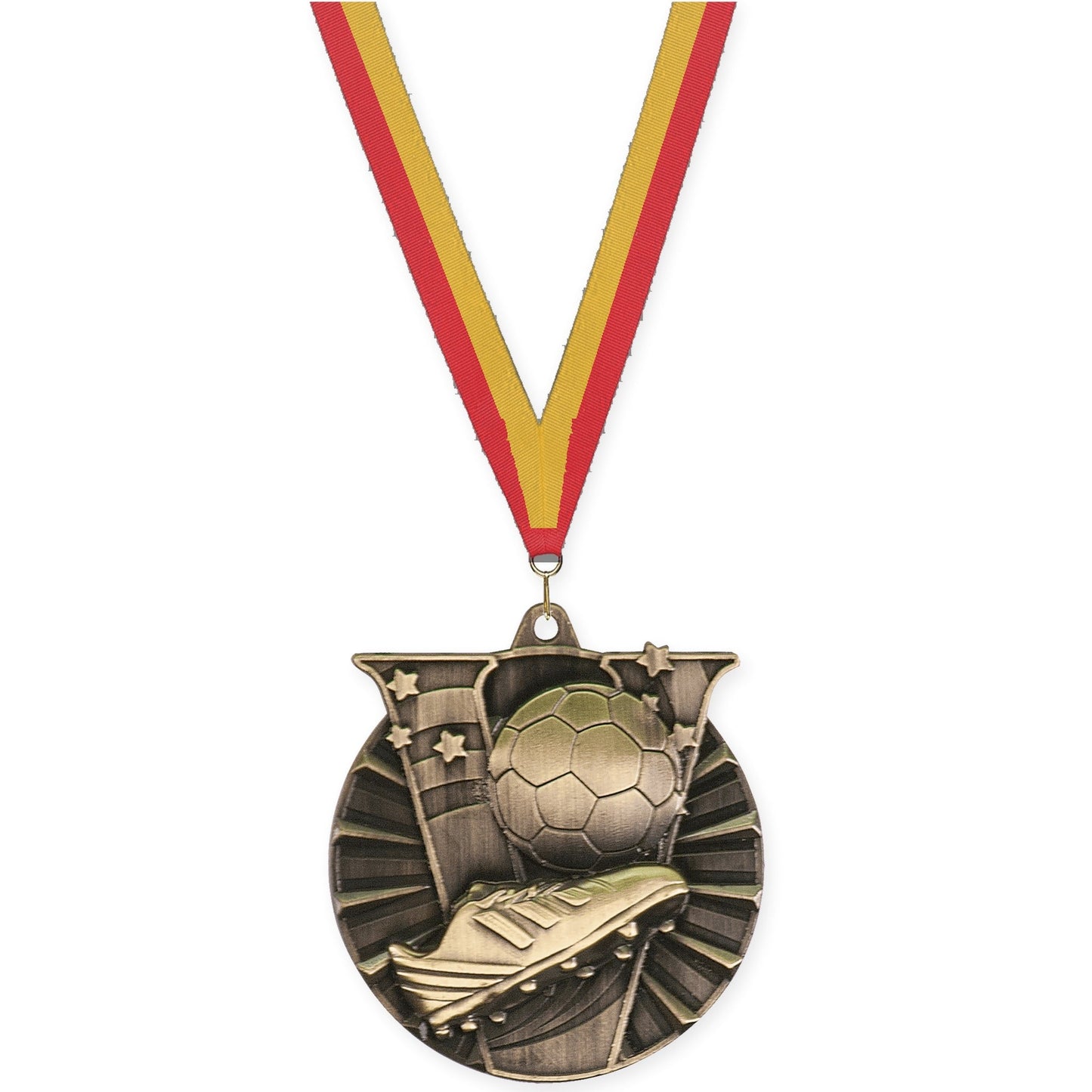 2 inch soccer Victory medal in antique gold with Red Gold neck ribbon