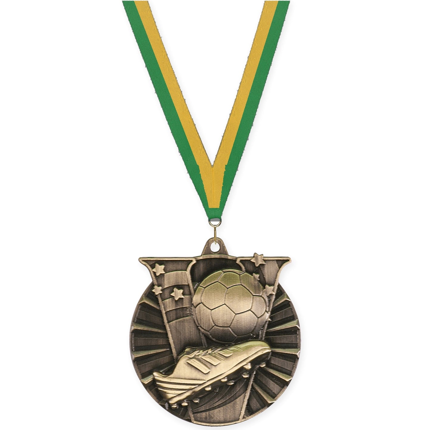 2 inch soccer Victory medal in antique gold with Green Gold neck ribbon