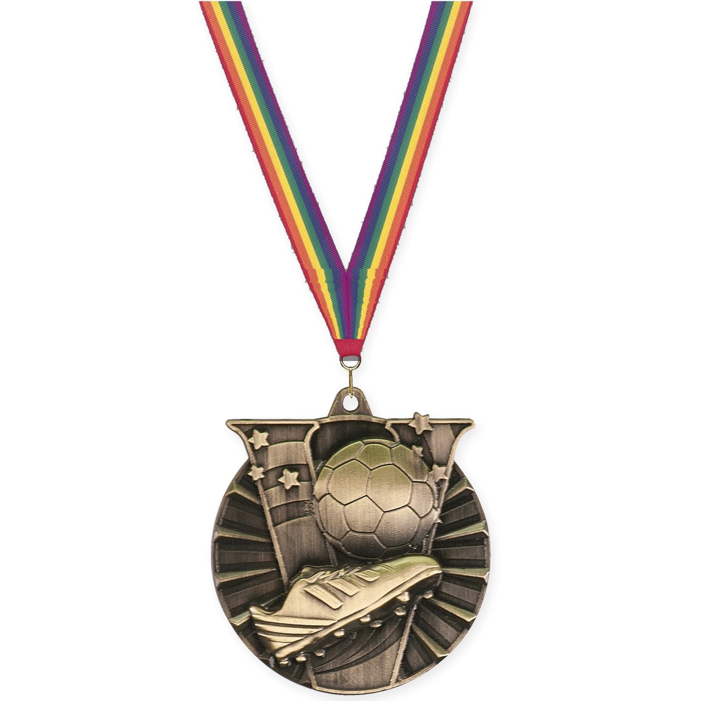 2 inch soccer Victory medal in antique gold with Rainbow neck ribbon