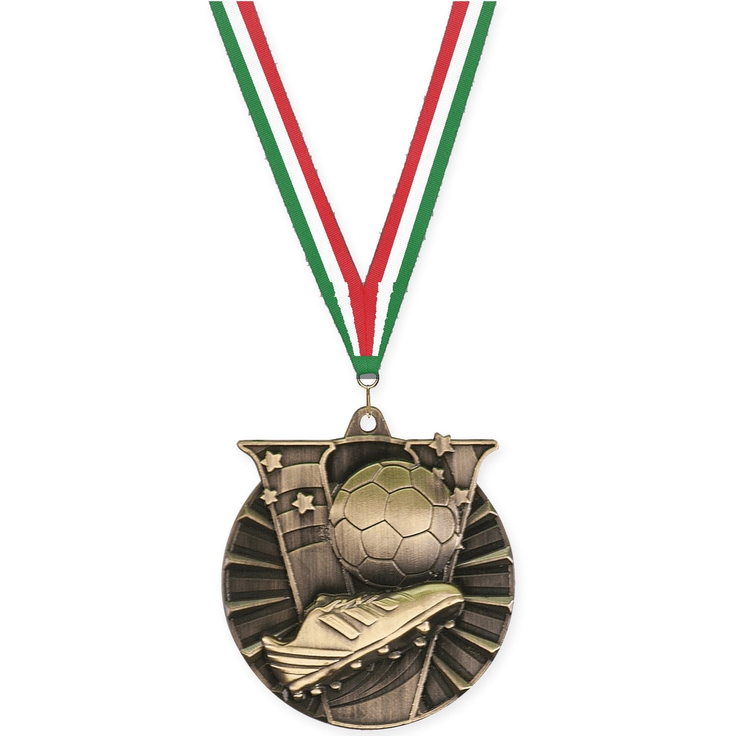 2 inch soccer Victory medal in antique gold with Green White Red neck ribbon