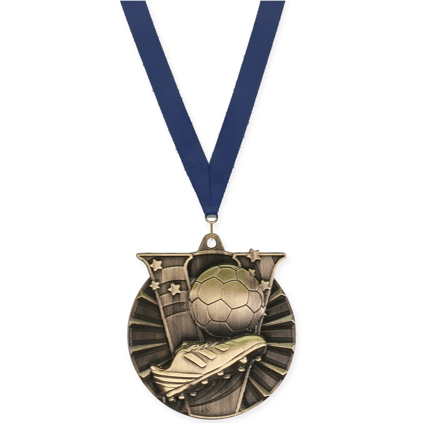 2 inch soccer Victory medal in antique gold with Navy neck ribbon