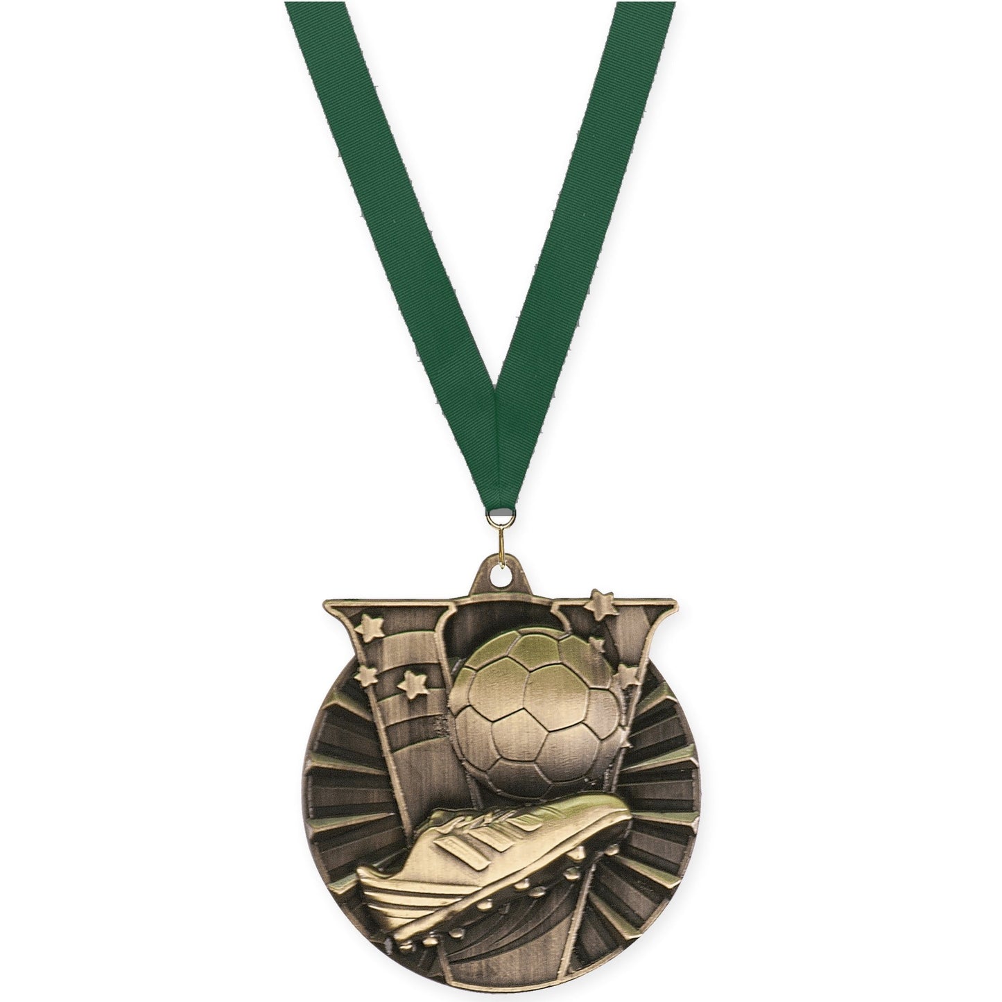 2 inch soccer Victory medal in antique gold with Hunter Green neck ribbon