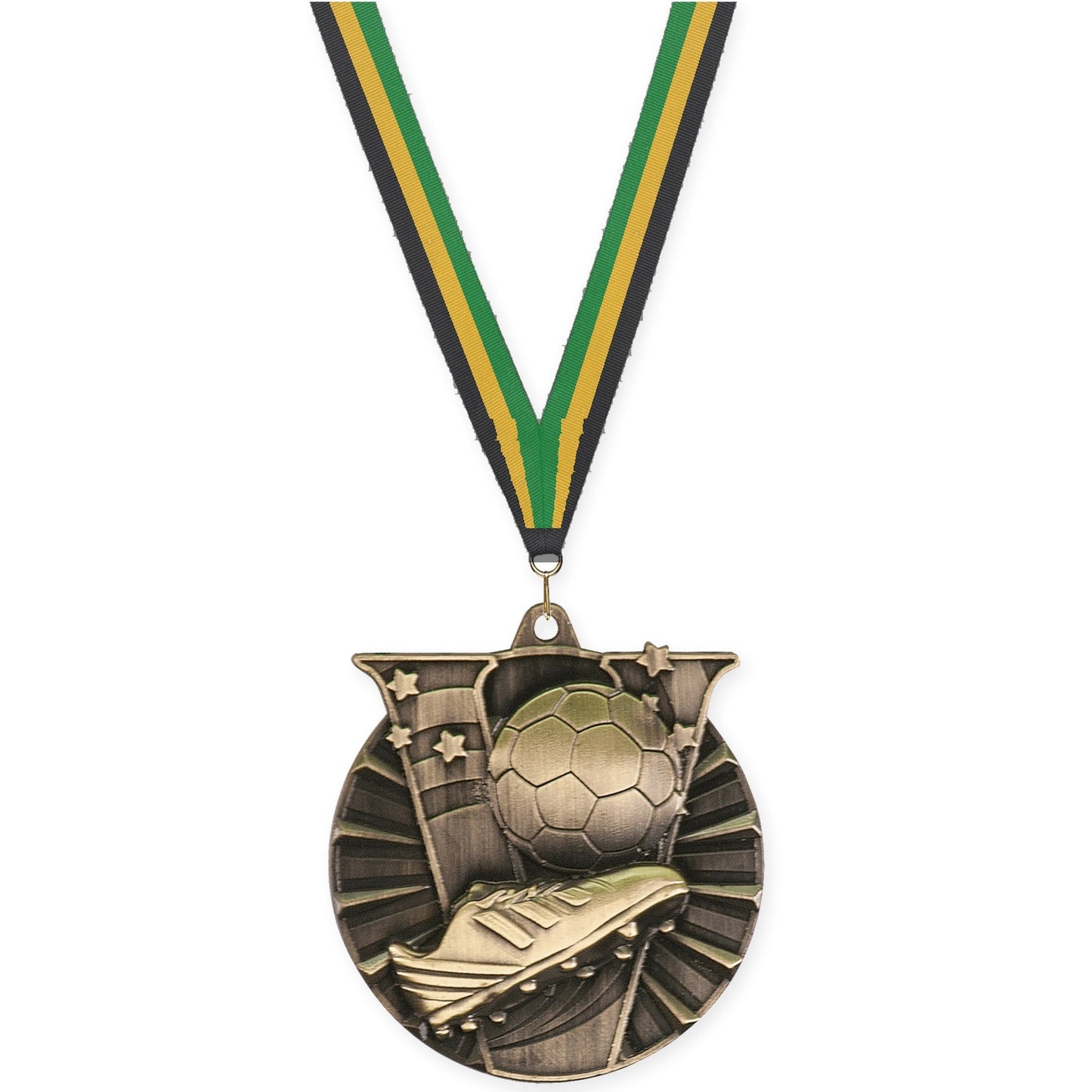 2 inch soccer Victory medal in antique gold with Black Gold Green neck ribbon