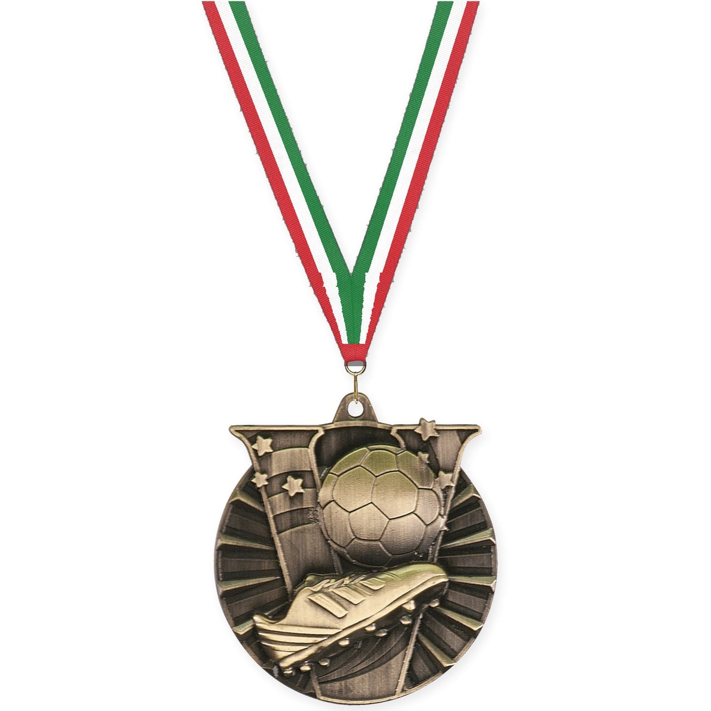 2 inch soccer Victory medal in antique gold with Red White Green neck ribbon