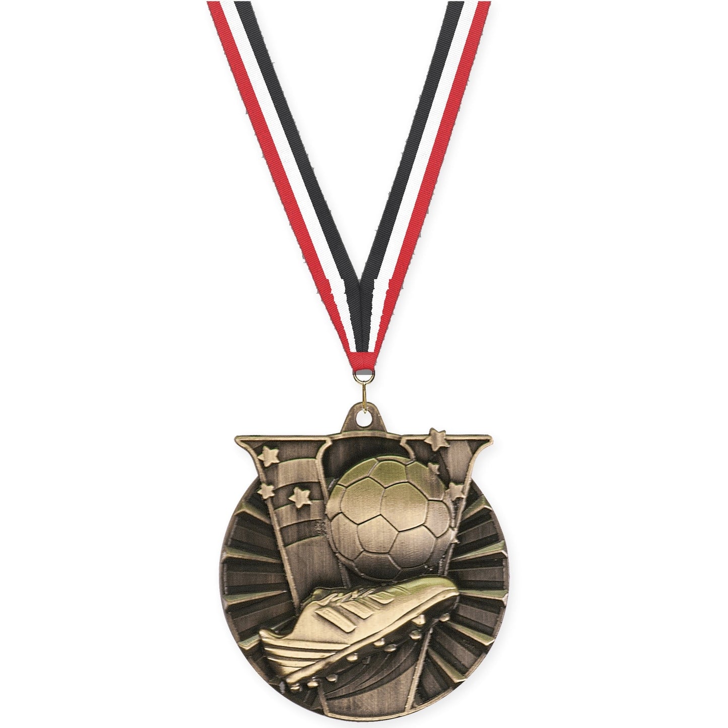 2 inch soccer Victory medal in antique gold with Red White Black neck ribbon