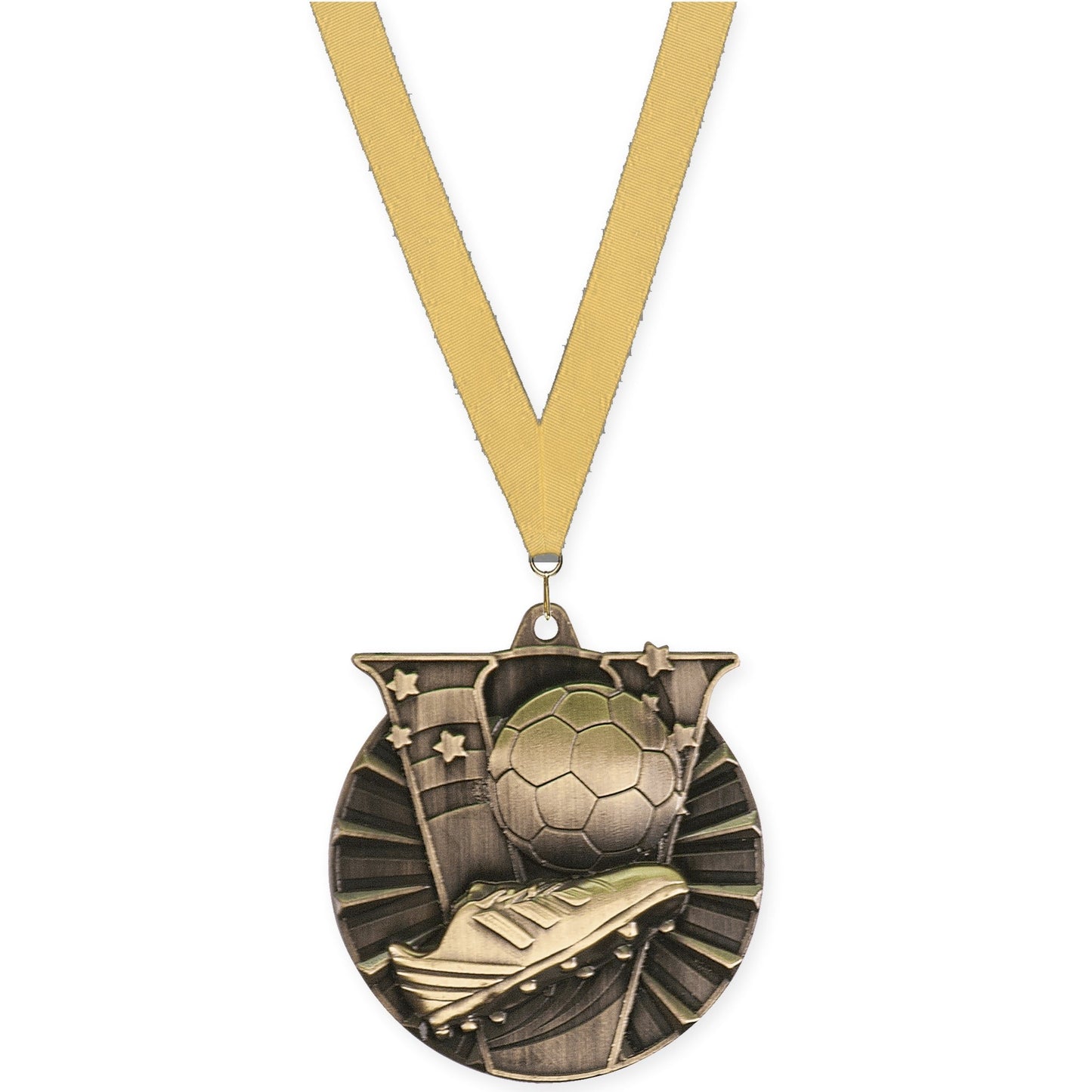 2 inch soccer Victory medal in antique gold with Gold Metallic neck ribbon