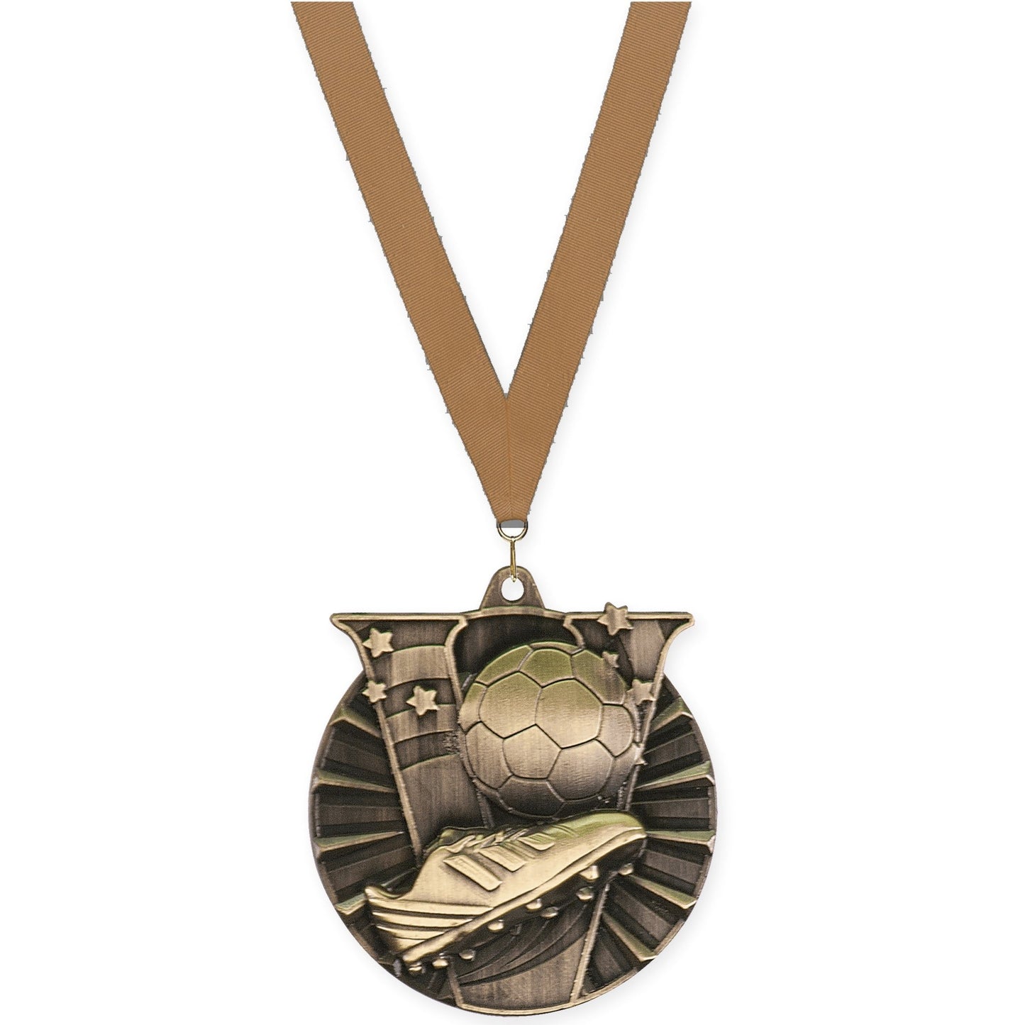 2 inch soccer Victory medal in antique gold with Bronze Metallic neck ribbon